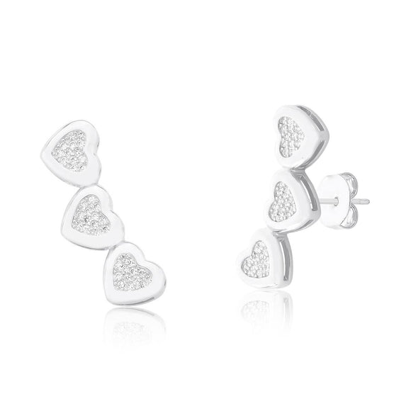 Heart Ear Cuff Earrings, White Rhodium