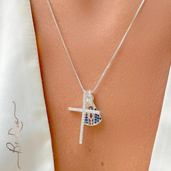 Our Lady & Cross Necklace, White Rhodium
