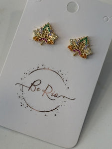 Colourful Zirconia Maple Leaf Stud Earrings, 18k Gold Filled