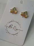 Colourful Zirconia Maple Leaf Stud Earrings, 18k Gold Filled