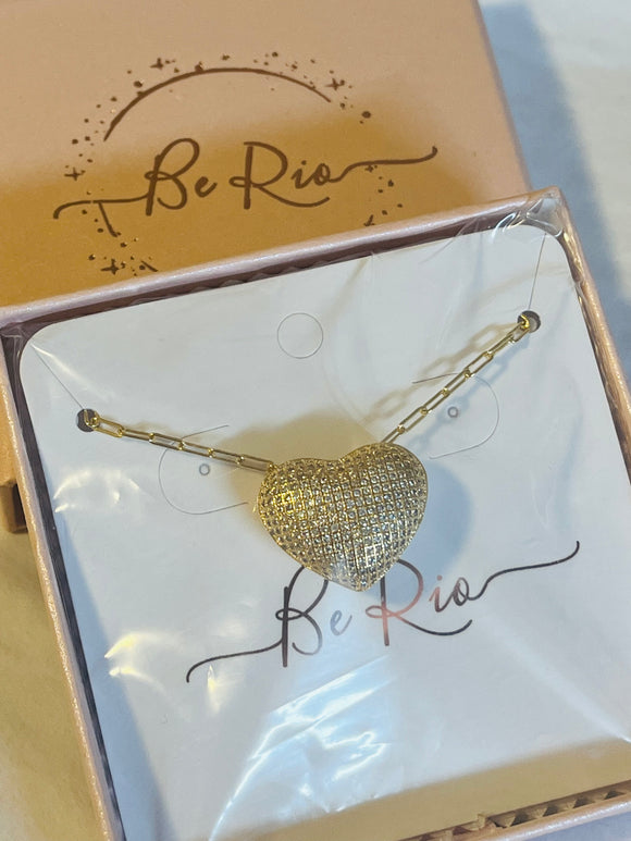Zirconia Studded Heart Necklace, 18k Gold Filled.