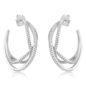 Zirconia Twisted Hoop Earrings, White Rhodium