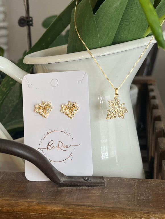 Zirconia Maple Leaf Set, 18k Gold Filled