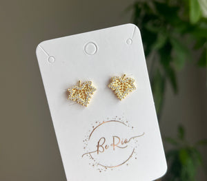 Zirconia Maple Leaf Stud Earrings, 18k Gold Filled