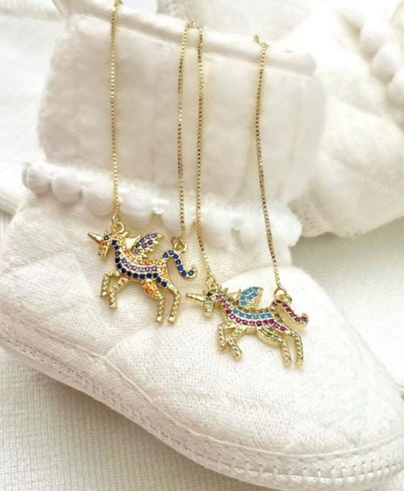 Purple, Blue & Orange Zirconia Unicorn Necklace for Girl, 18k Gold Filled