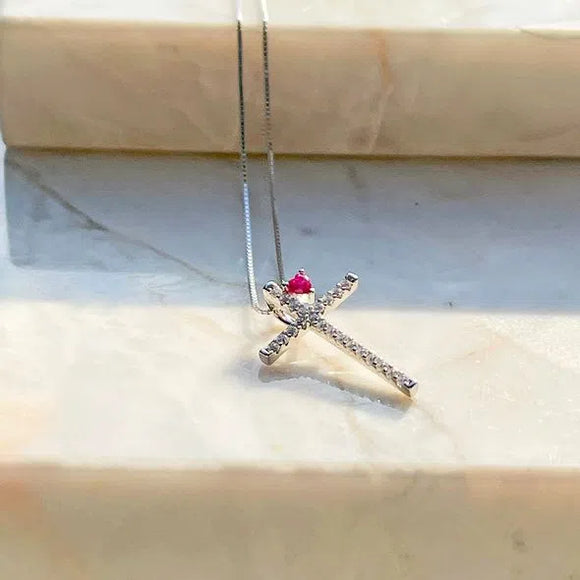 Pink Tourmaline & Zirconia Cross Pendant, Sterling Silver