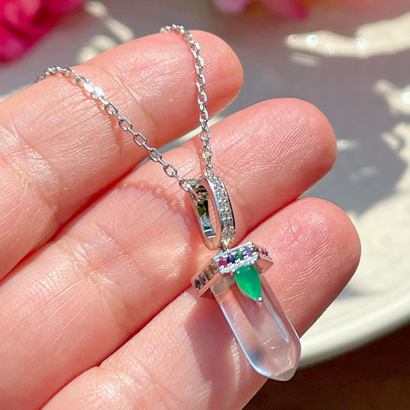 Crystal & Drop Emerald Necklace, White Rhodium