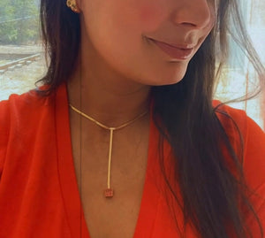 Light Orange Crystal - Y Necklace, 18k Gold Filled