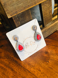 Red Gem Zirconia Drop Stud Earrings, Black Rhodium